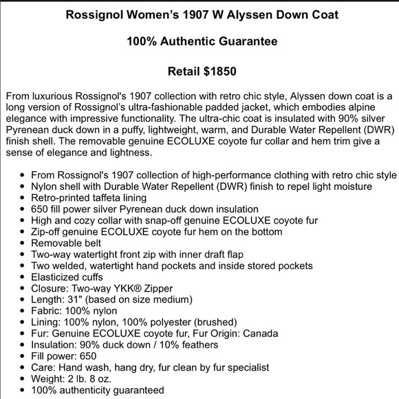 RARE LIMITED EDITION ROSSIGNOL DOWN COAT 🧥 - Picture 2 of 16